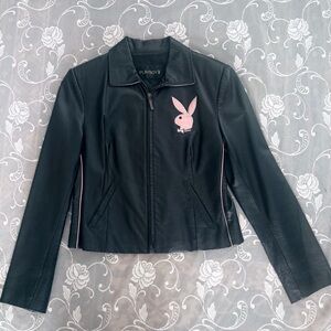 PLAYBOY Black and Pink Leather Jacket for Women Y2K